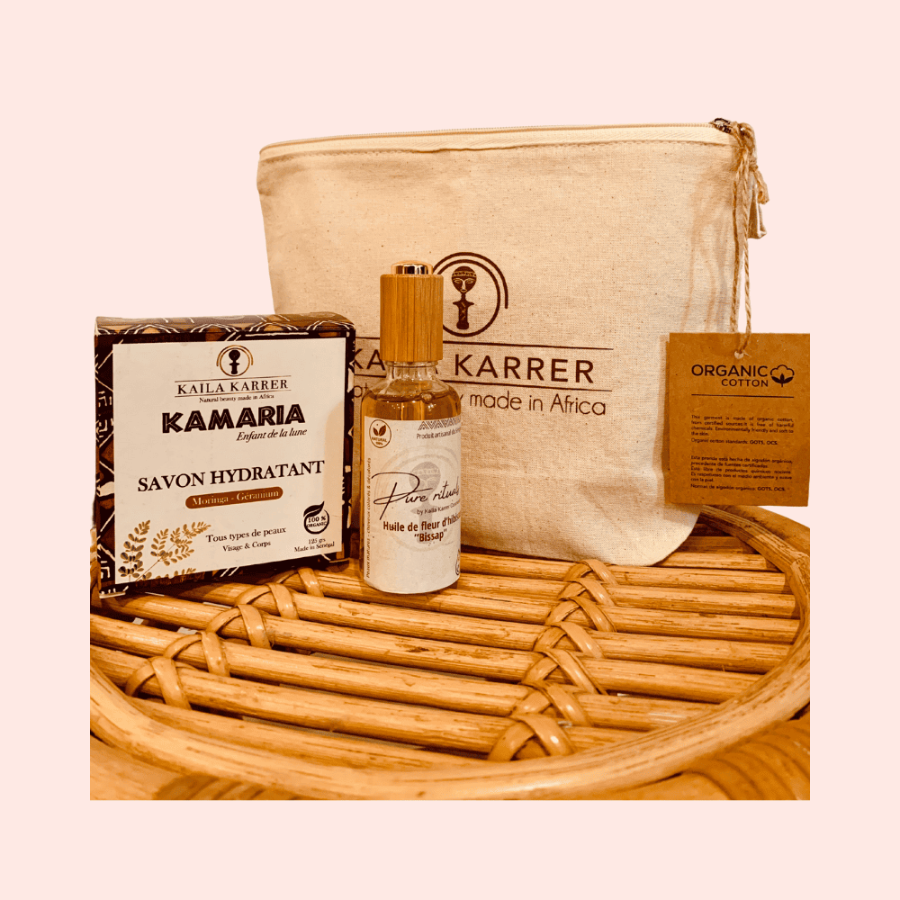 Trio Maman Éclat: Huile à la fleur d'hibiscus pure rituals + Savon hydratant KAMARIA + Pochon en coton bio
